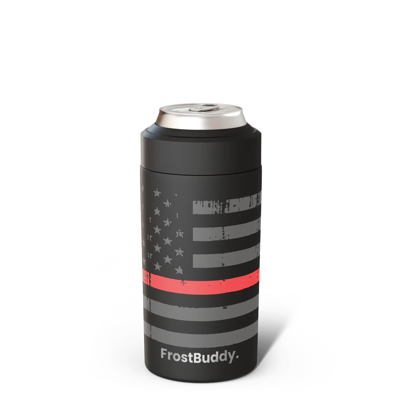 Station 2 Custom Creations FrostBuddy can cooler with black American flag and red line for firefighters