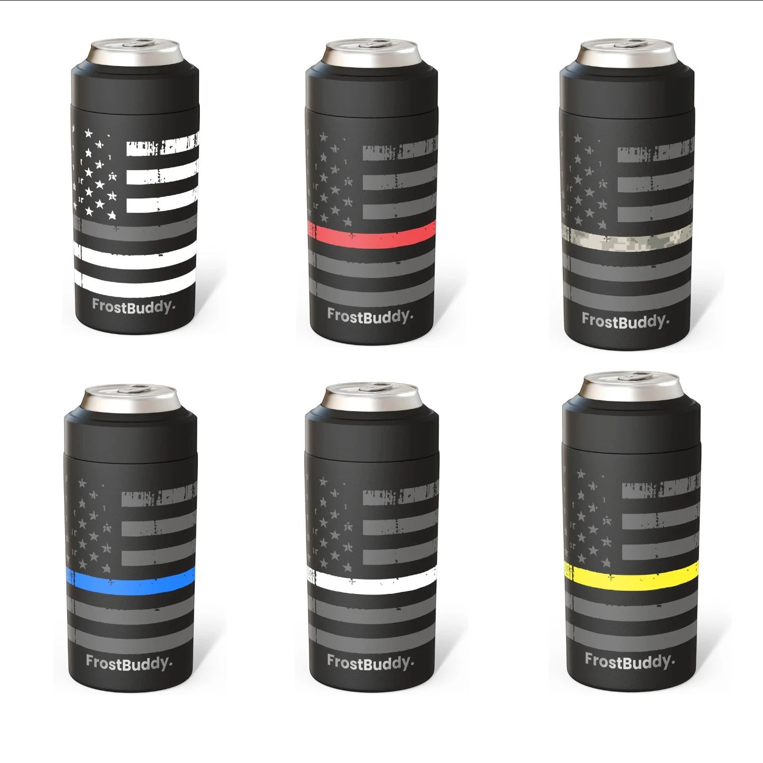 Station 2 Custom Creations FrostBuddy can coolers with American flag designs and thin colored lines for responders.