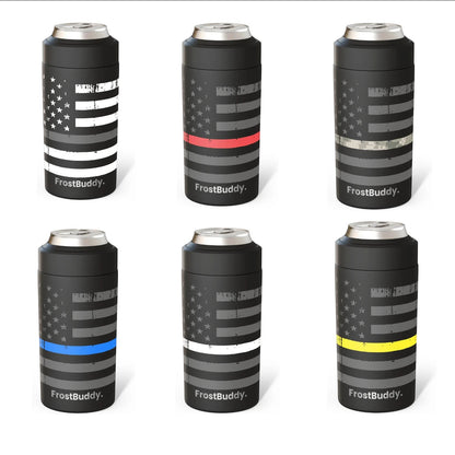 Station 2 Custom Creations FrostBuddy can coolers with American flag designs and thin colored lines for responders.