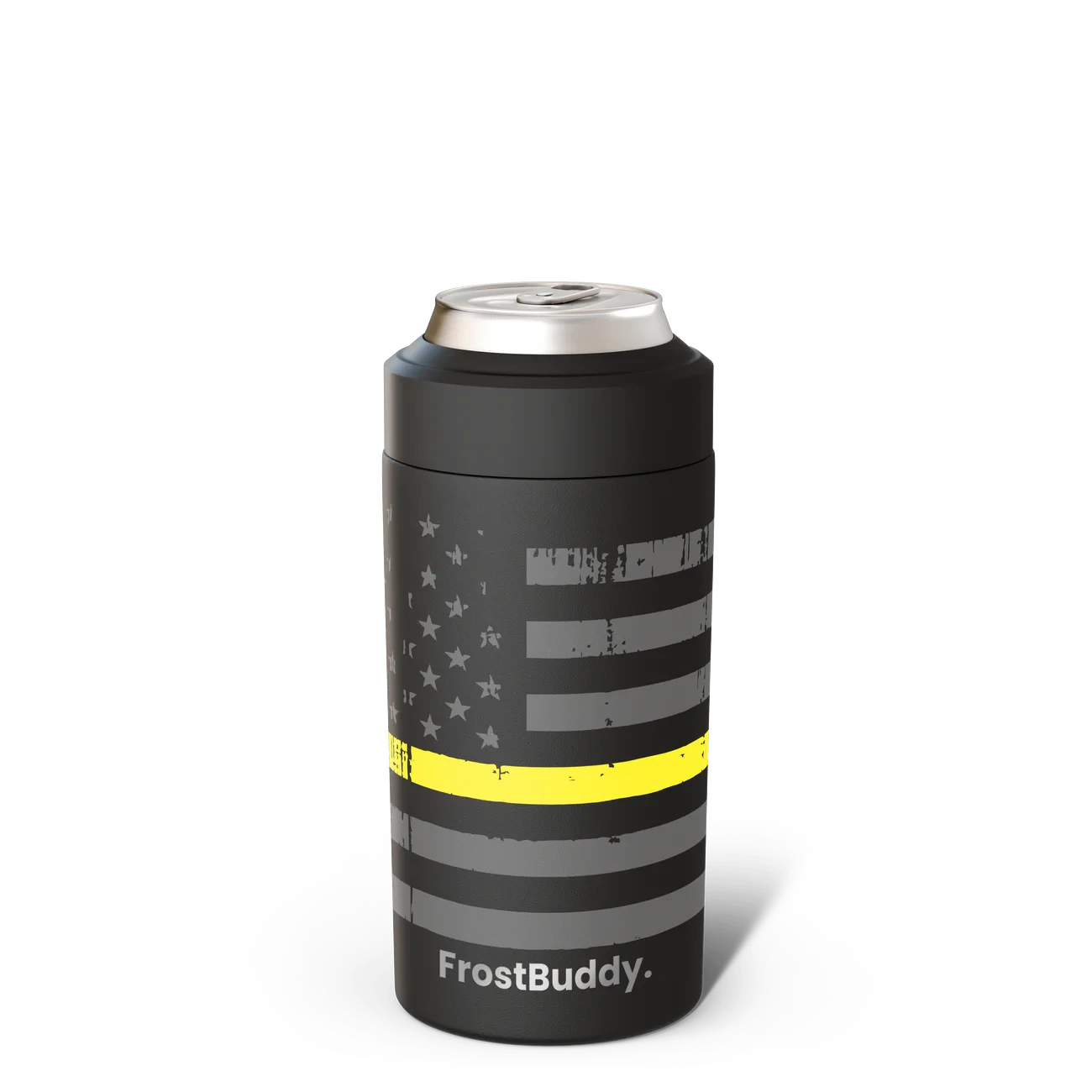 Station 2 Custom Creations FrostBuddy can cooler with black American flag graphic and gold line for emergency dispatchers.