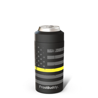 Station 2 Custom Creations FrostBuddy can cooler with black American flag graphic and gold line for emergency dispatchers.