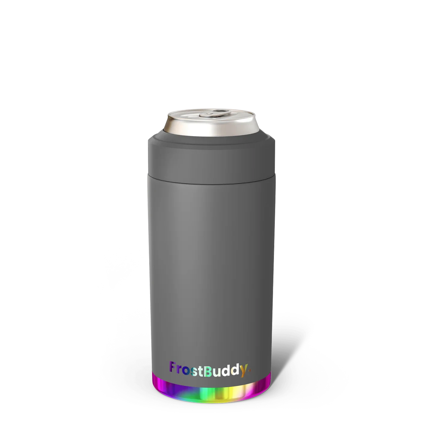 Station 2 Custom Creations FrostBuddy Universal 2.0 can cooler in matte grey with a vibrant rainbow base.