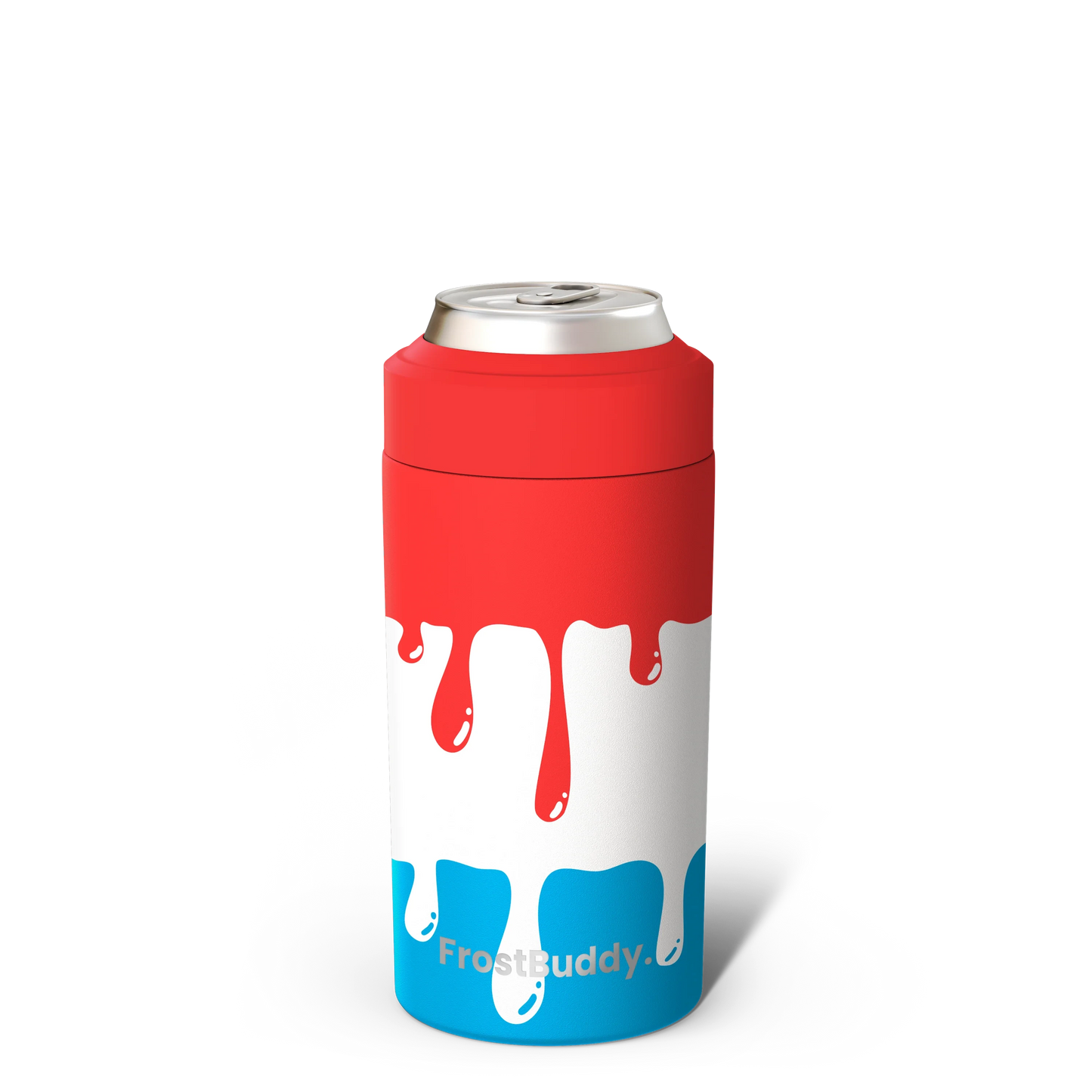 Station 2 Custom Creations FrostBuddy Universal 2.0 can cooler featuring a red, white, and blue patriotic drip design.
