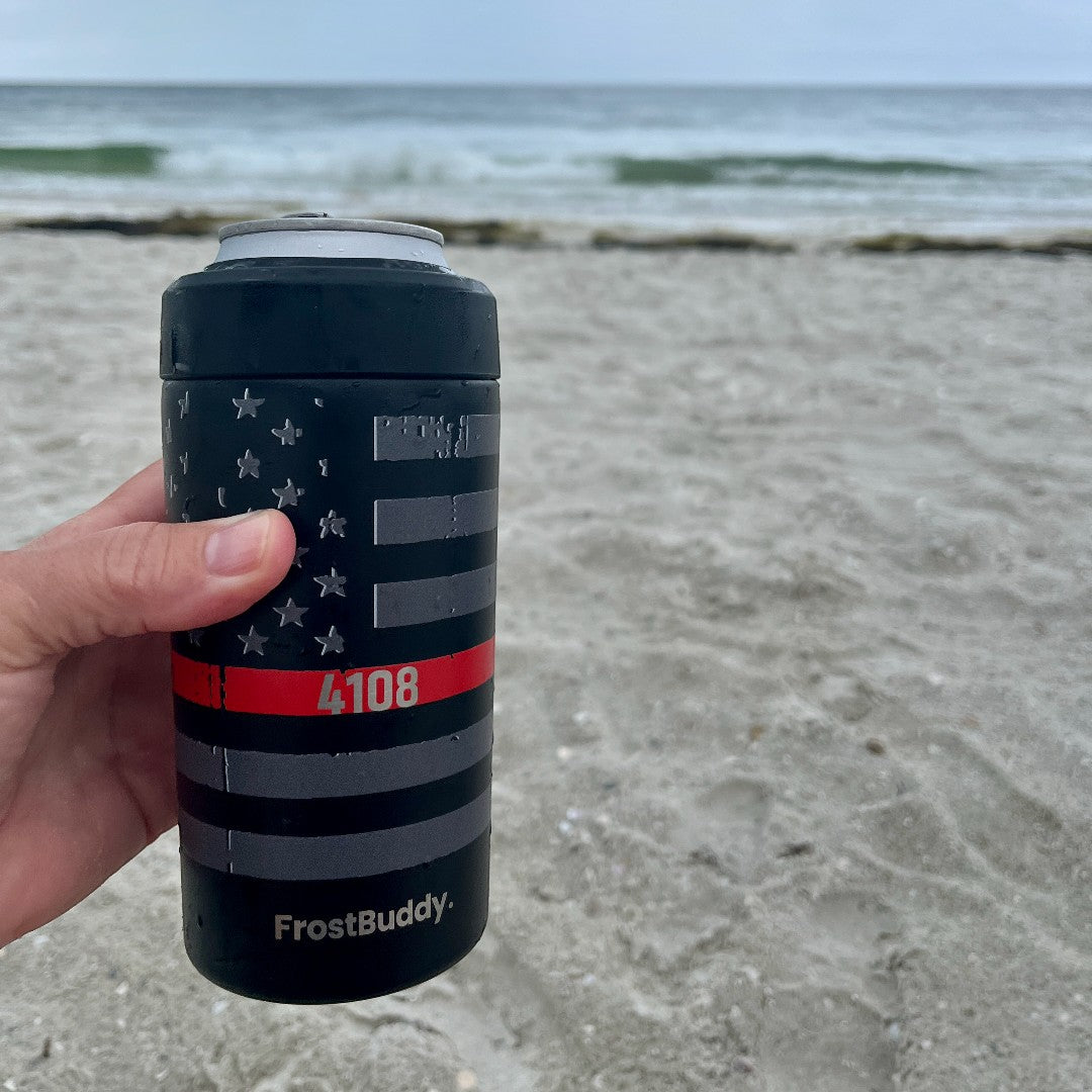 Station 2 Custom Creations FrostBuddy can cooler with red line American flag graphic and custom badge number engraving