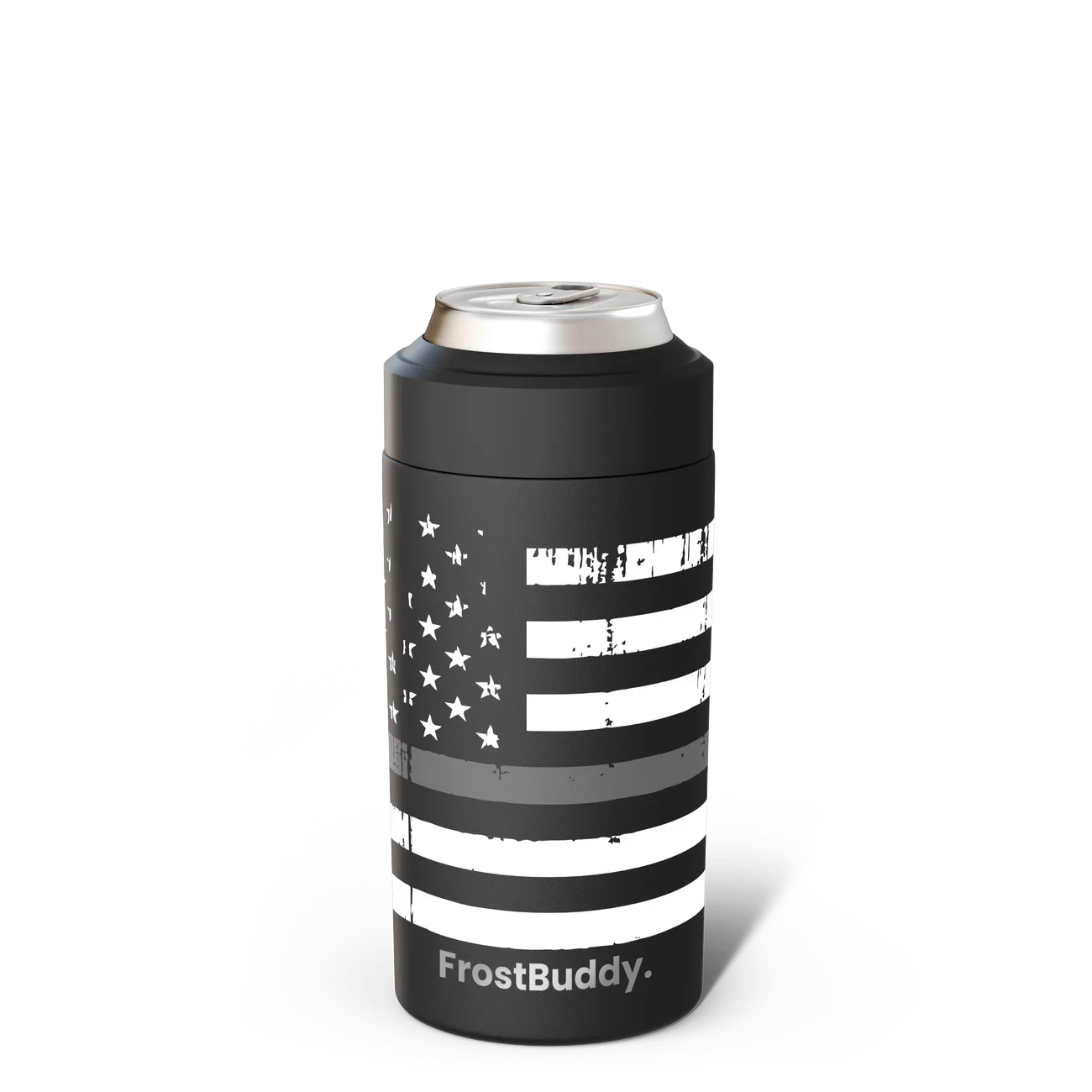 Station 2 Custom Creations FrostBuddy Universal 2.0 can cooler with a black American flag and silver line design.