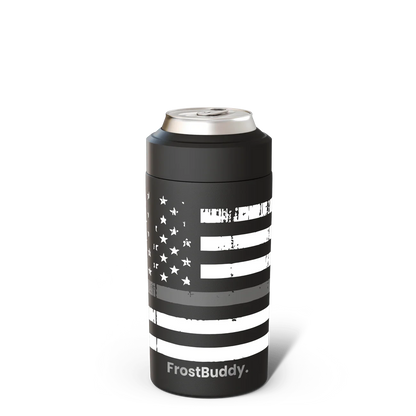 Station 2 Custom Creations FrostBuddy Universal 2.0 can cooler with a black American flag and silver line design.
