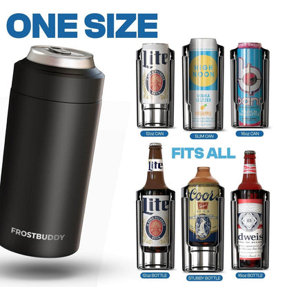 Station 2 Custom Creations FrostBuddy Universal 2.0 black stainless steel can cooler showing compatibility with various drink sizes.