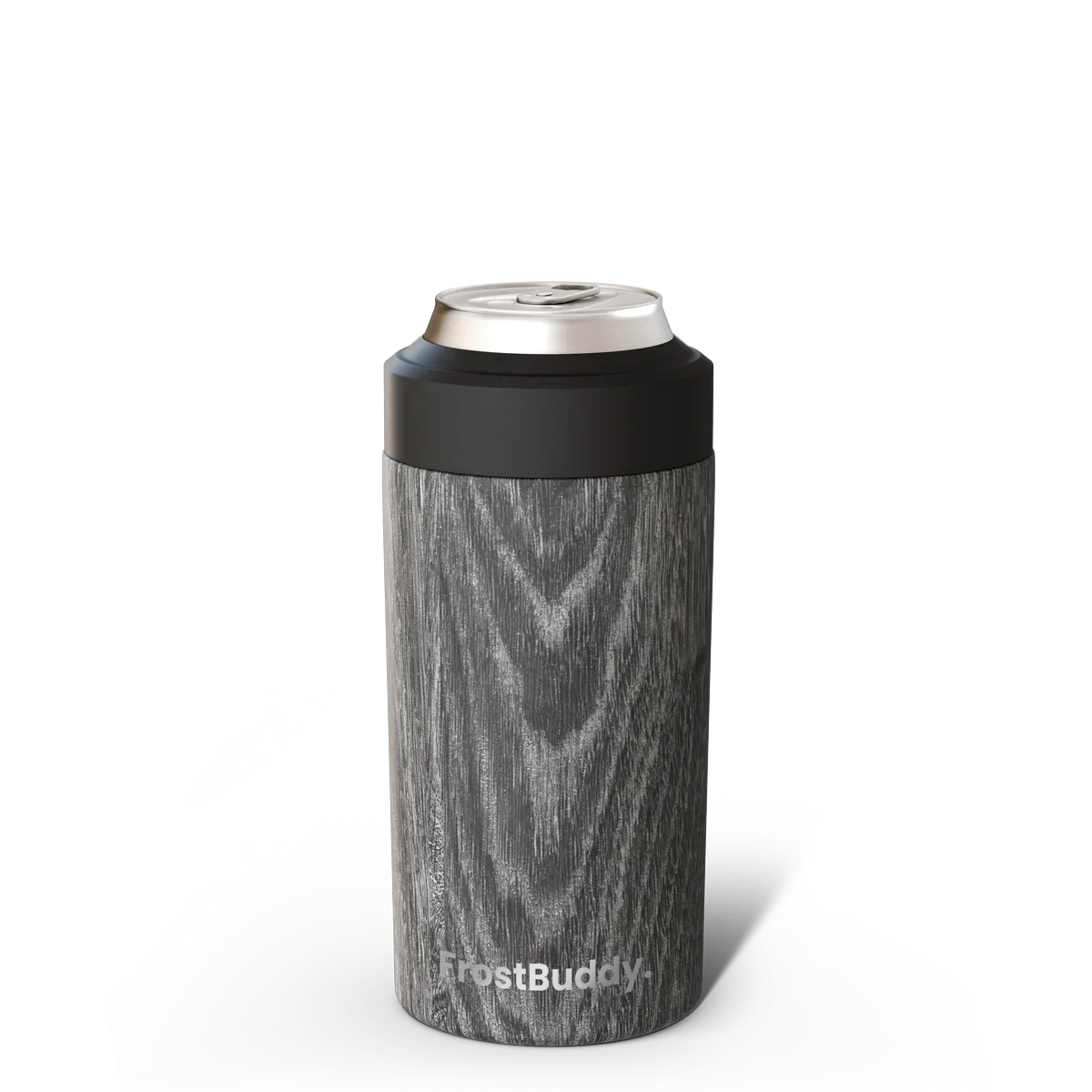 Station 2 Custom Creations FrostBuddy Universal 2.0 can cooler with a grey wood grain finish holding a beverage can.