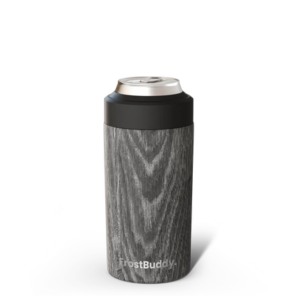 Station 2 Custom Creations FrostBuddy Universal 2.0 can cooler with a grey wood grain finish holding a beverage can.