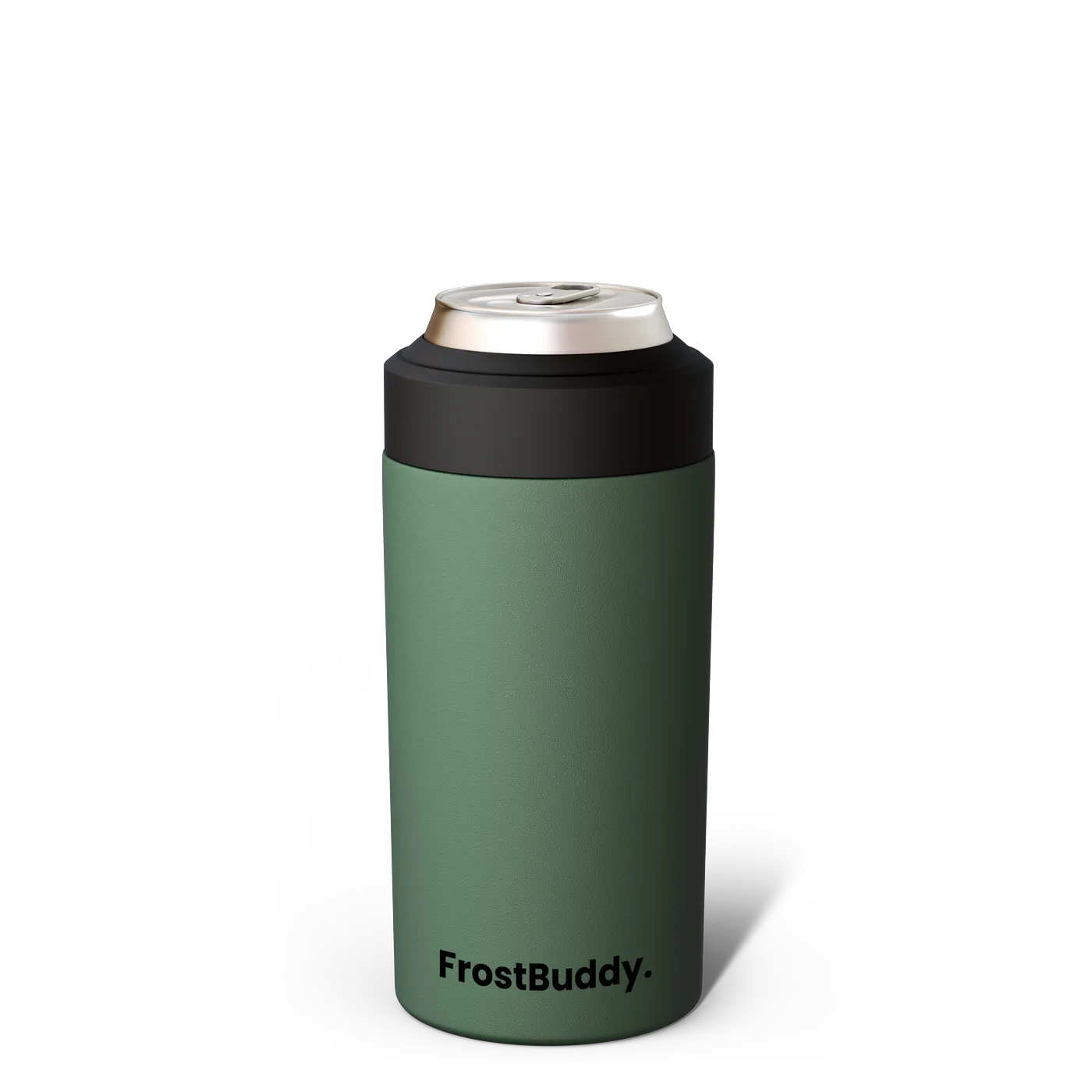 Station 2 Custom Creations green FrostBuddy Universal 2.0 insulated can cooler with a black rim on a black background.