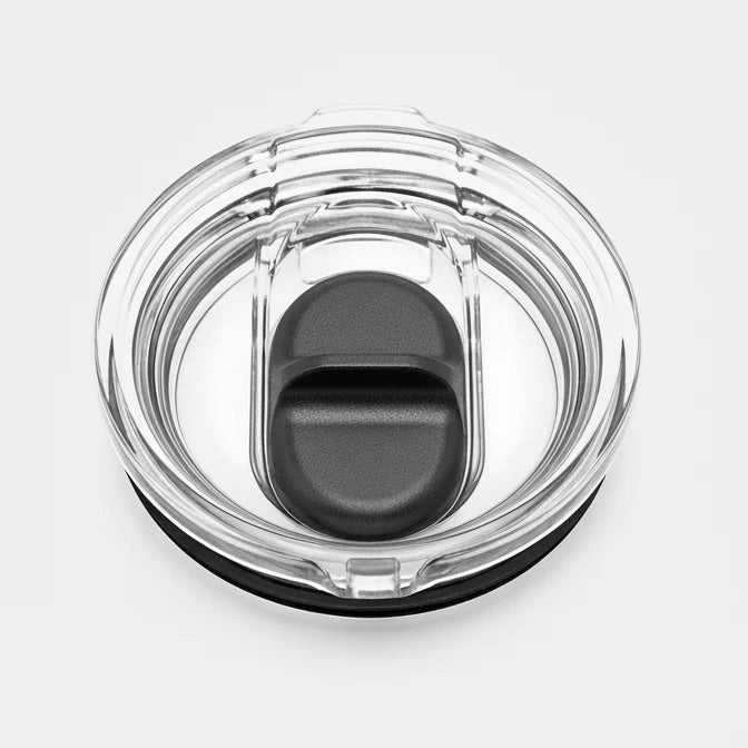 Station 2 Custom Creations 10oz lowball tumbler lid with a clear BPA-free design and black leakproof sliding mechanism.