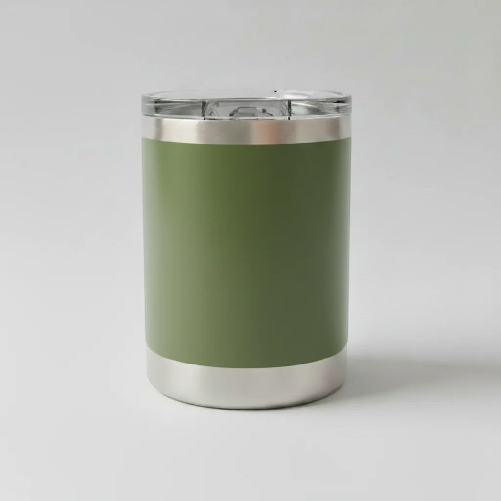 Station 2 Custom Creations 10oz olive green stainless steel lowball tumbler with a leakproof sliding lid.