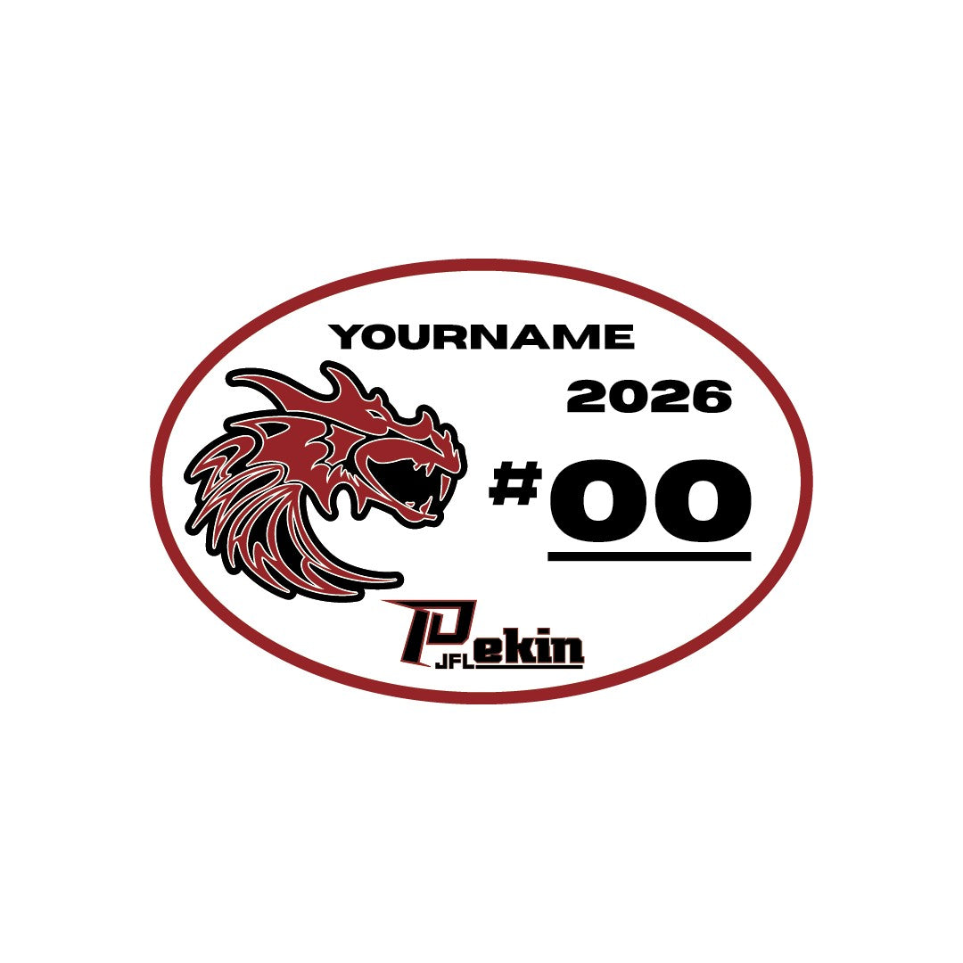 Station 2 Custom Creations oval Pekin JFL football decal with a red dragon mascot, custom name, and player number.