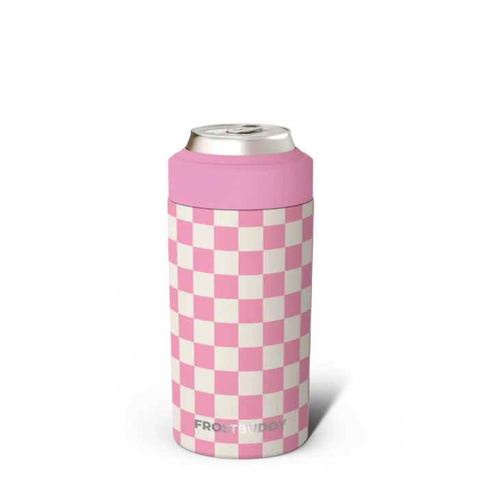 Station 2 Custom Creations FrostBuddy Universal 2.0 can cooler featuring a pink and white checkered pattern