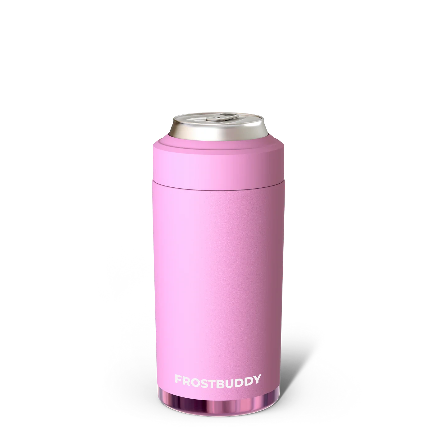 Station 2 Custom Creations pink FrostBuddy Universal 2.0 insulated stainless steel can cooler on black background