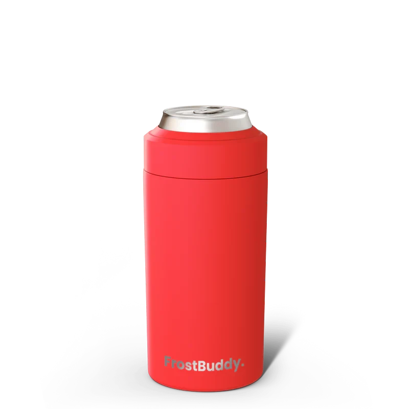 Station 2 Custom Creations red FrostBuddy Universal 2.0 vacuum-insulated stainless steel can cooler on black background