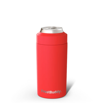 Station 2 Custom Creations red FrostBuddy Universal 2.0 vacuum-insulated stainless steel can cooler on black background