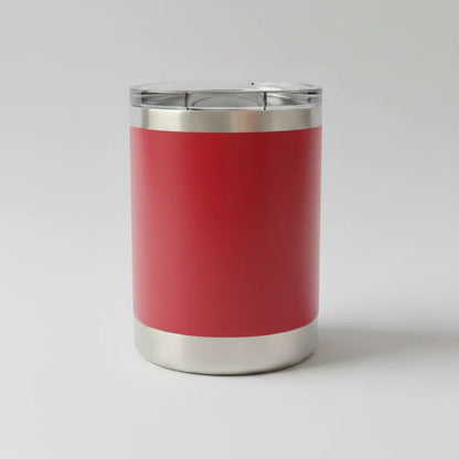 Station 2 Custom Creations 10oz red stainless steel lowball tumbler with a leakproof sliding lid and unbranded finish.