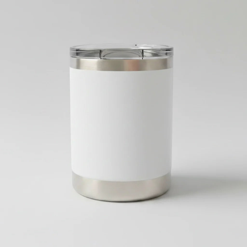 Station 2 Custom Creations 10oz white powder-coated stainless steel lowball tumbler with a clear leakproof sliding lid.
