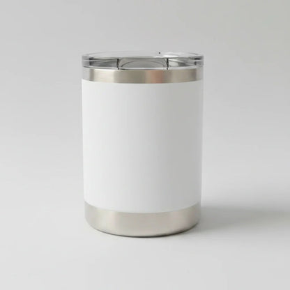 Station 2 Custom Creations 10oz white powder-coated stainless steel lowball tumbler with a clear leakproof sliding lid.