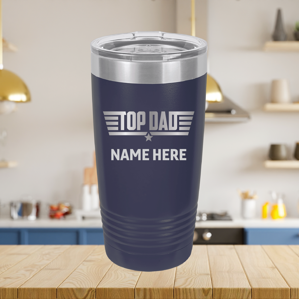 Navy 20oz Top Dad tumbler engraved with personalized name
